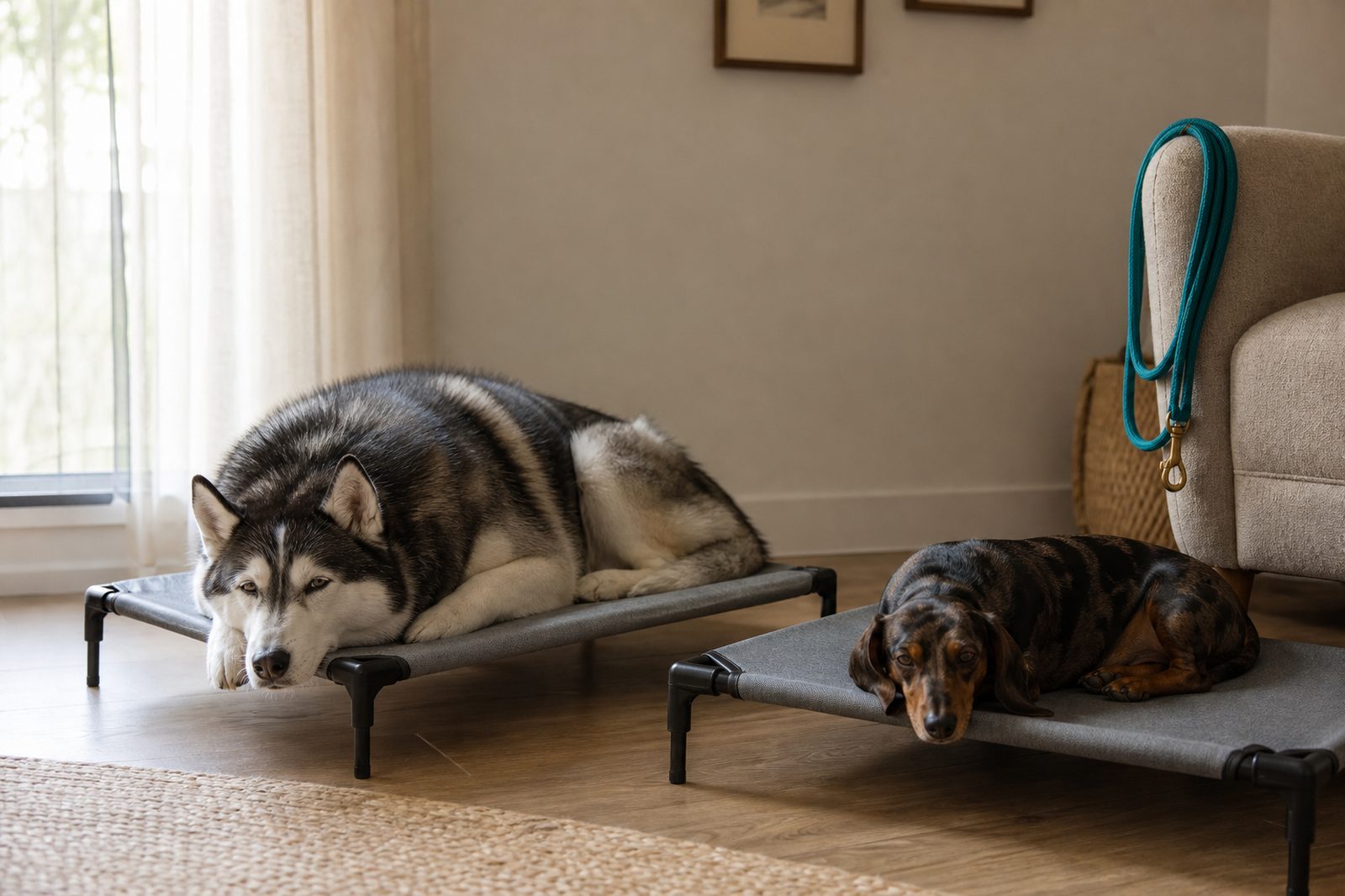 Two different-breed adult dogs resting calmly on place cots inside a home