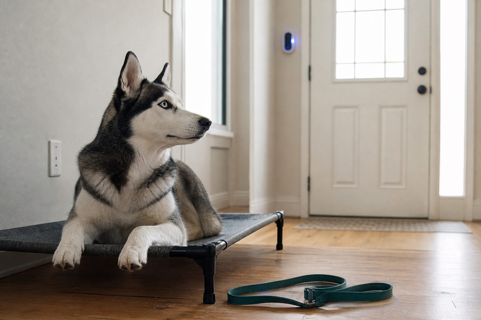 Adult German Shepherd holding a quiet down-stay while the doorbell rings during training