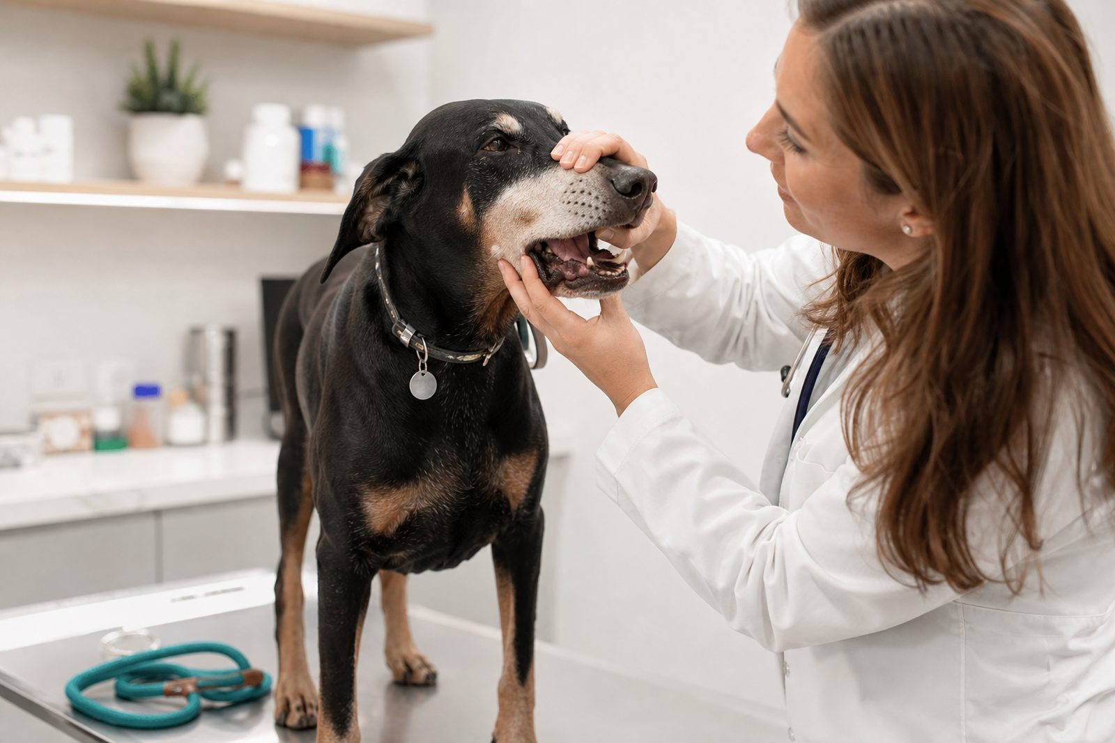 Gray-muzzled senior Beagle getting a senior wellness check with a veterinarian