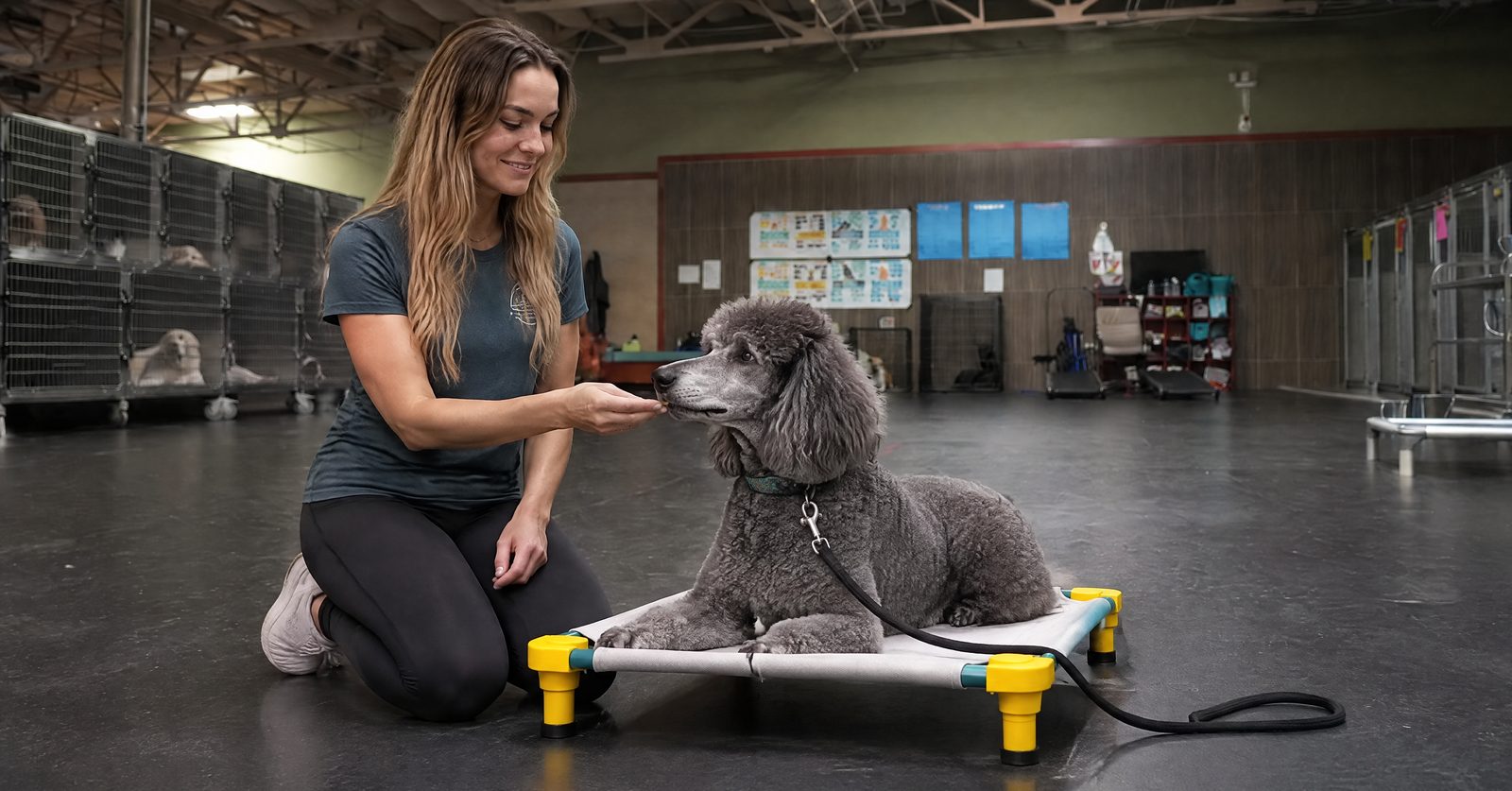 Trainer rewarding a Labrador Retriever holding a calm down-stay on a place bed in Scottsdale