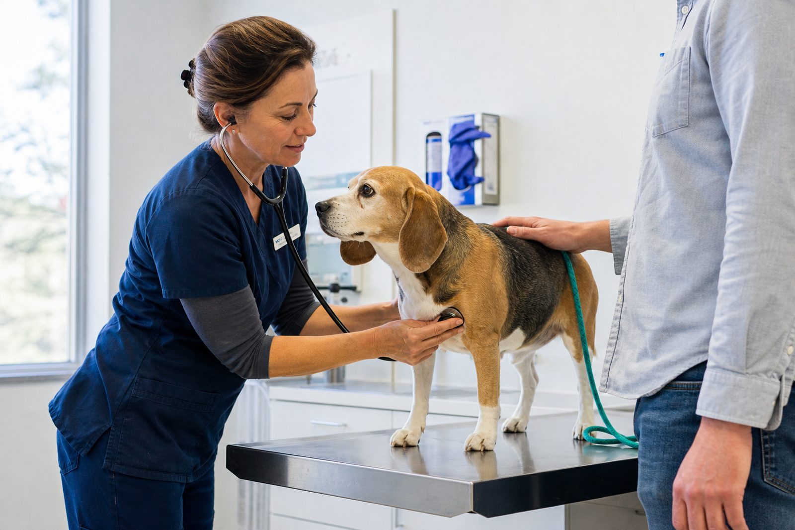 Veterinarian examining a senior Beagle to rule out medical causes of behavior change