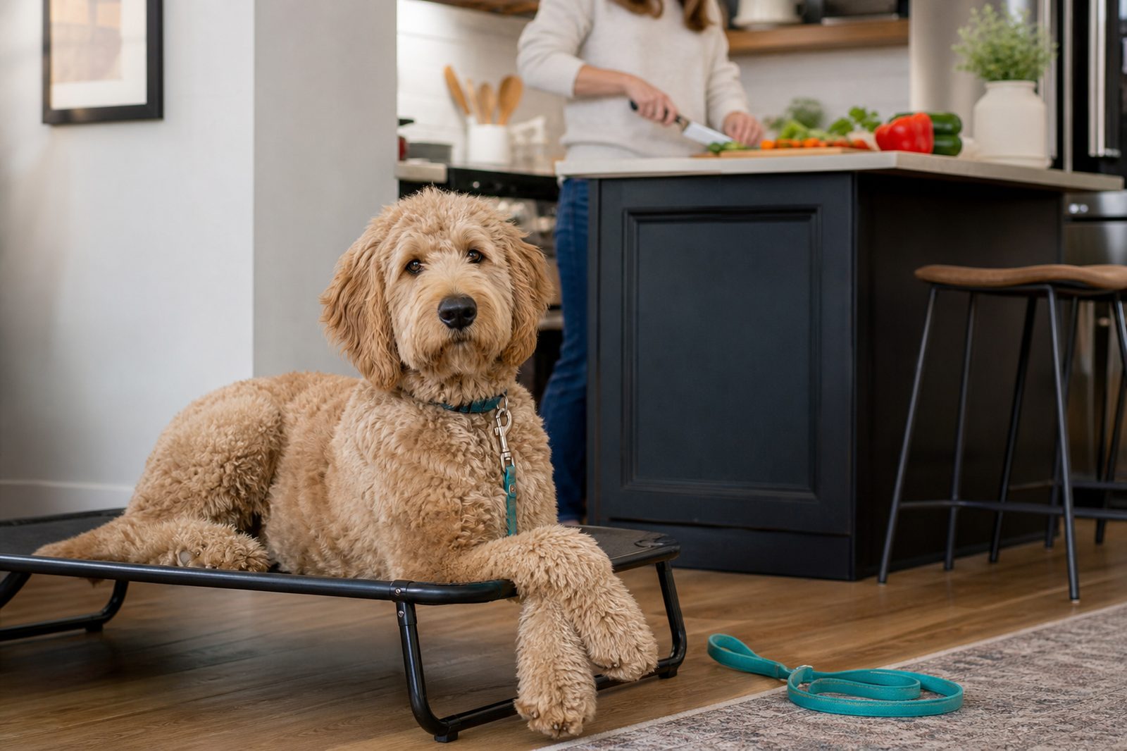 Adult Golden Retriever holding a trained Place on a cot near a kitchen while the owner cooks