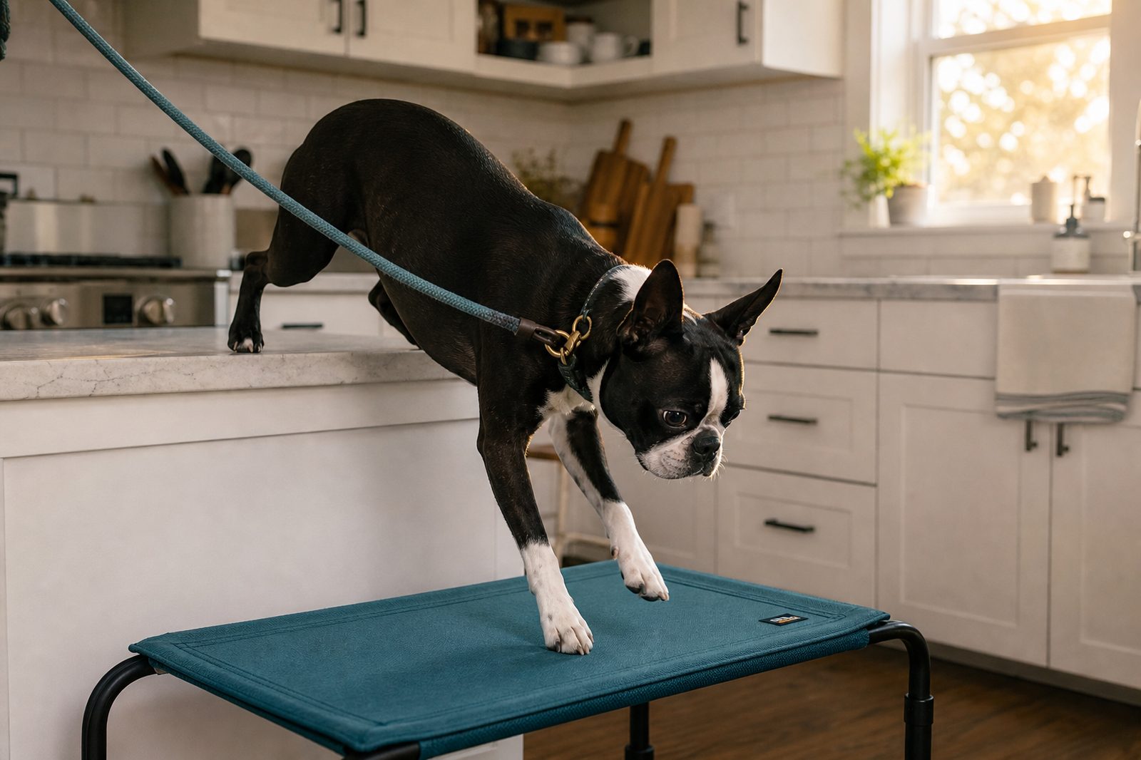 Adult Labrador Retriever with paws on a kitchen counter, trainer redirecting to Place with a calm leash cue