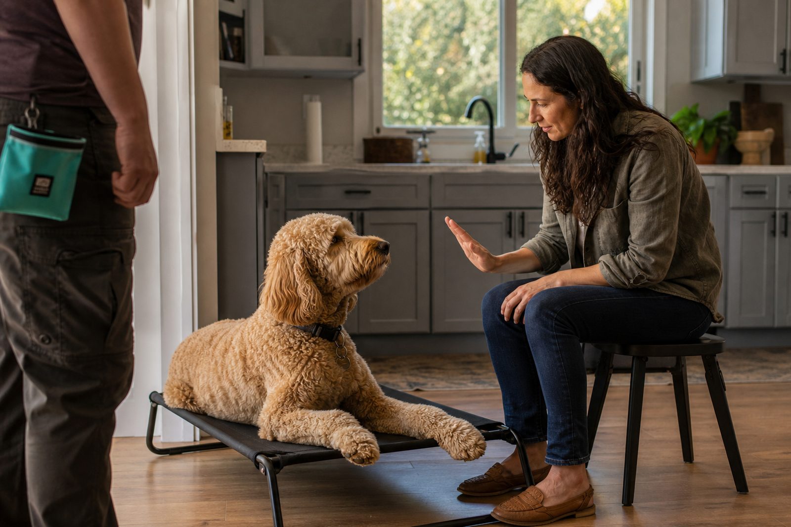 Trainer Anita Elias coaching a Pet Parent and their dog on Place training in a home kitchen