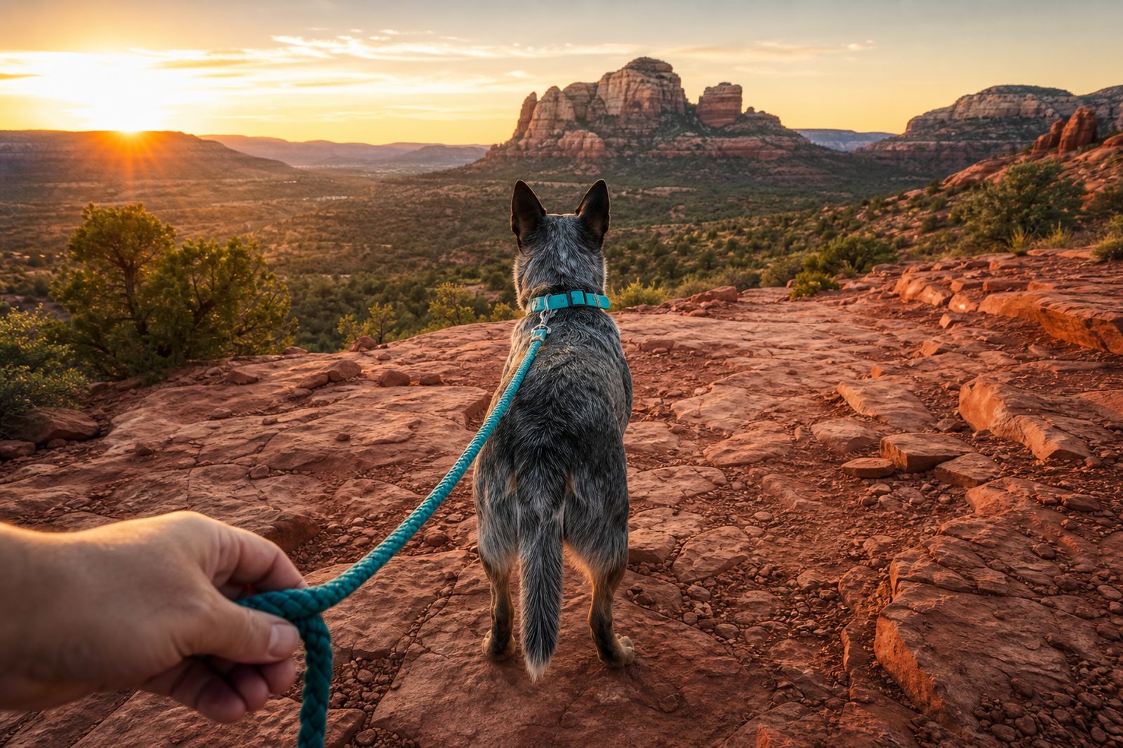 Leashed cattle dog on a Sedona red rock trail in early July morning light