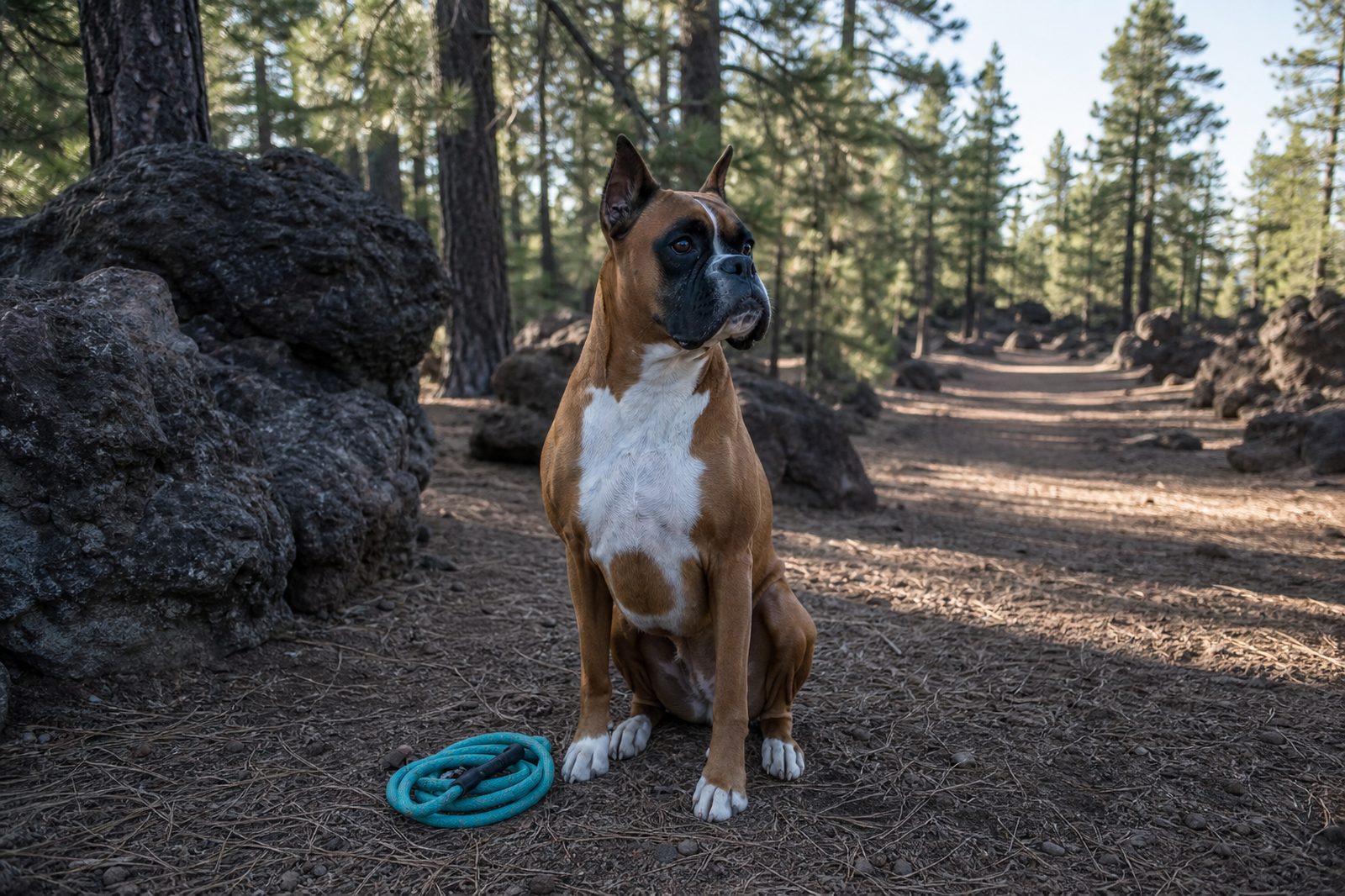 Boxer resting in pine shade at the Fatmans Loop trailhead near Flagstaff