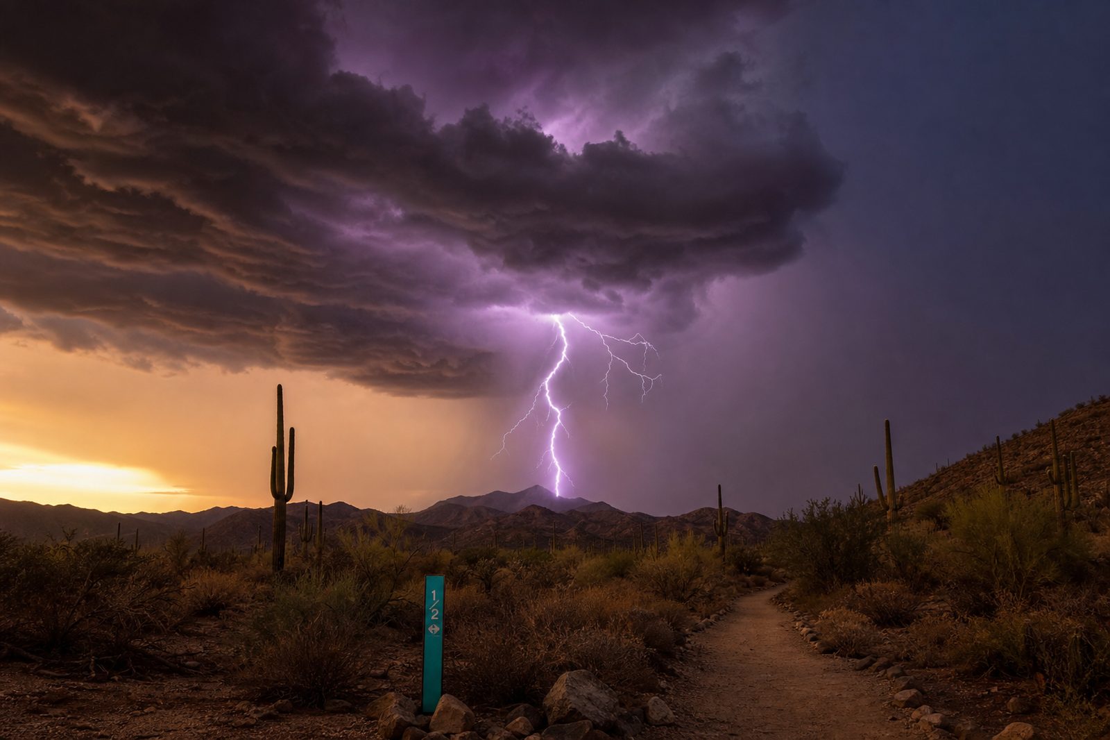 Dark monsoon storm clouds and lightning over an Arizona desert dog walking trail