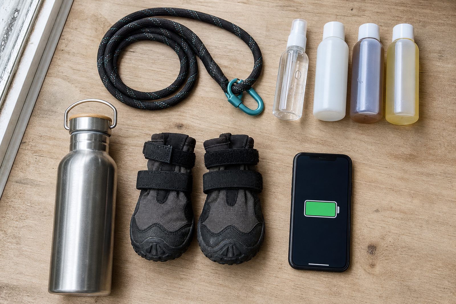 Monsoon walk safety kit with leash, water bottle, dog boots, and charged phone laid out before a dog walk