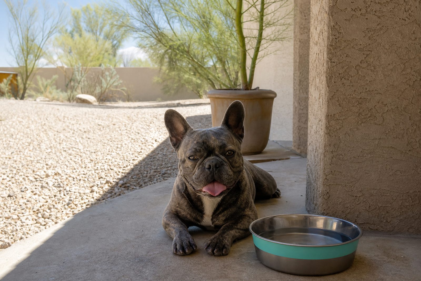 Adult French Bulldog panting in summer heat next to a water bowl in Phoenix