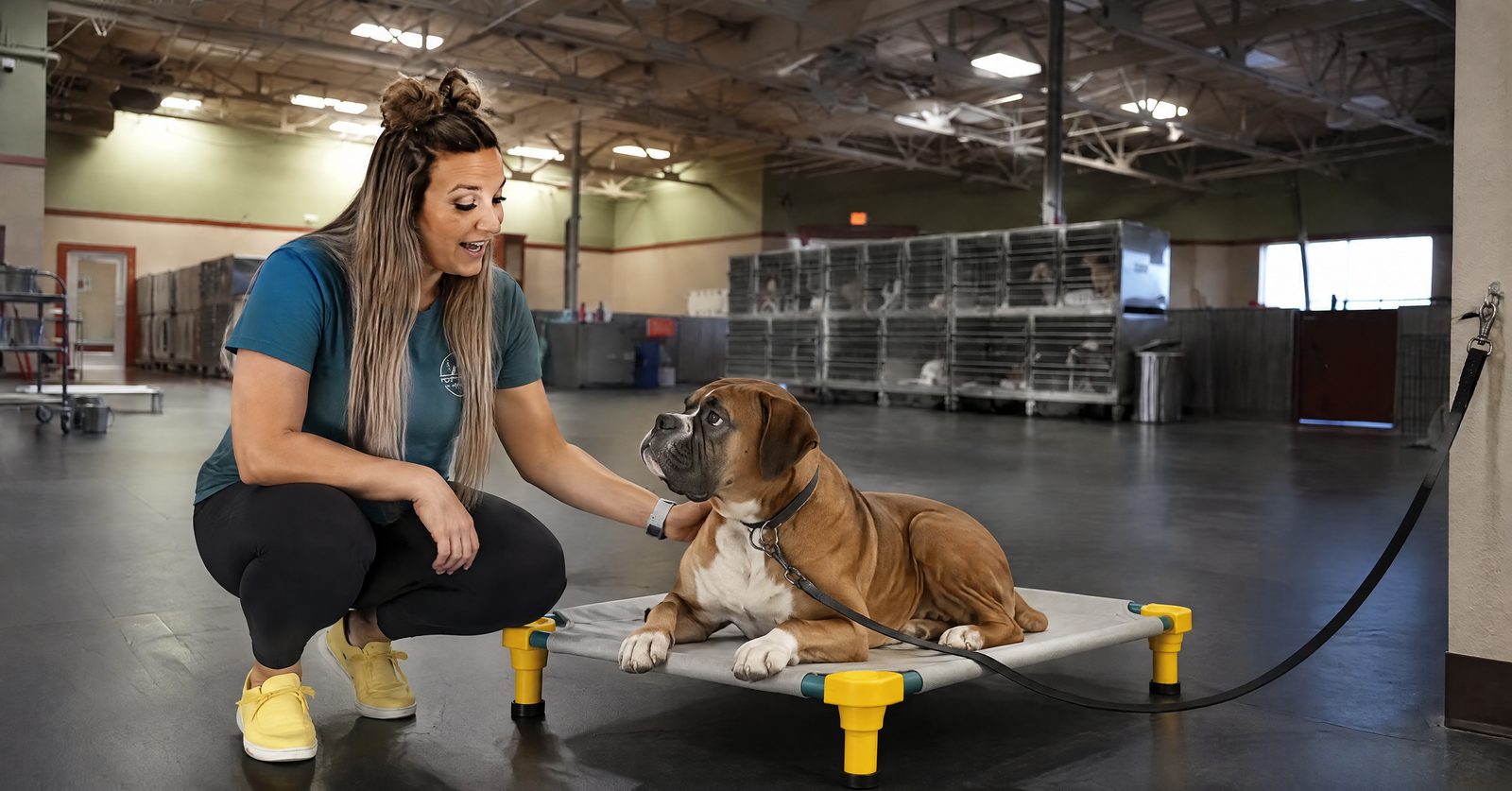 Adult Boxer resting on a cooling mat in a climate-controlled training room